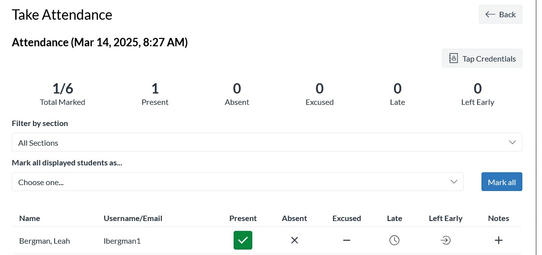 Attendance roster with student marked present